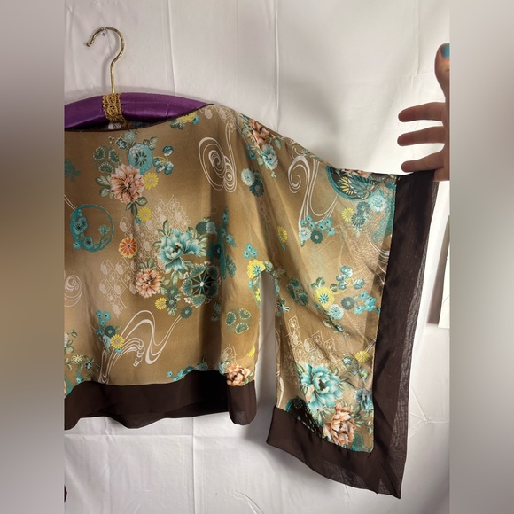VTG Y2K Brown Floral Boho Batwing Sleeve Kimono Blouse with Waist Tie Size L - Picture 12 of 15